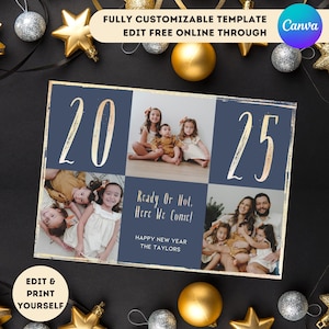 Bewerkbare gouden glitter Nieuwjaarsfotokaartsjabloon afdrukbare 2025 aangepaste fotokaartsjabloon voor familievakanties kerstkaart met fotocollage