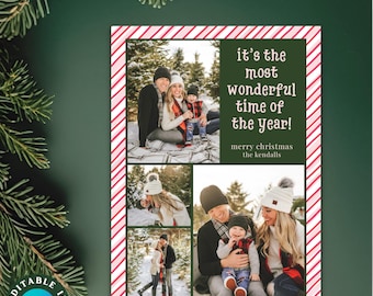 Pink & Red Stripe Holiday Card Editable Template, Printable Multiple Family Photo Christmas Card, Digital Download