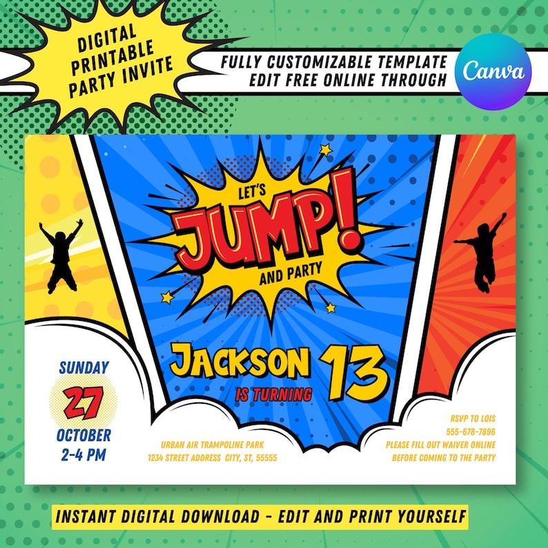 Pu&ograve; includere: Un invito digitale stampabile per una festa di compleanno di 13 anni con un tema a fumetti. L'invito presenta un fumetto rosso e giallo con il testo "Let's Jump! And Party". L'invito include anche il testo "Jackson 13 is turning" e la data "Domenica 27 ottobre, 14:00-16:00".