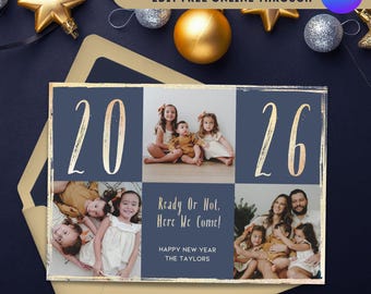 Editable gold glitter New Years Photo Card Template printable 2025 custom family holiday photo card template xmas card with photo collage