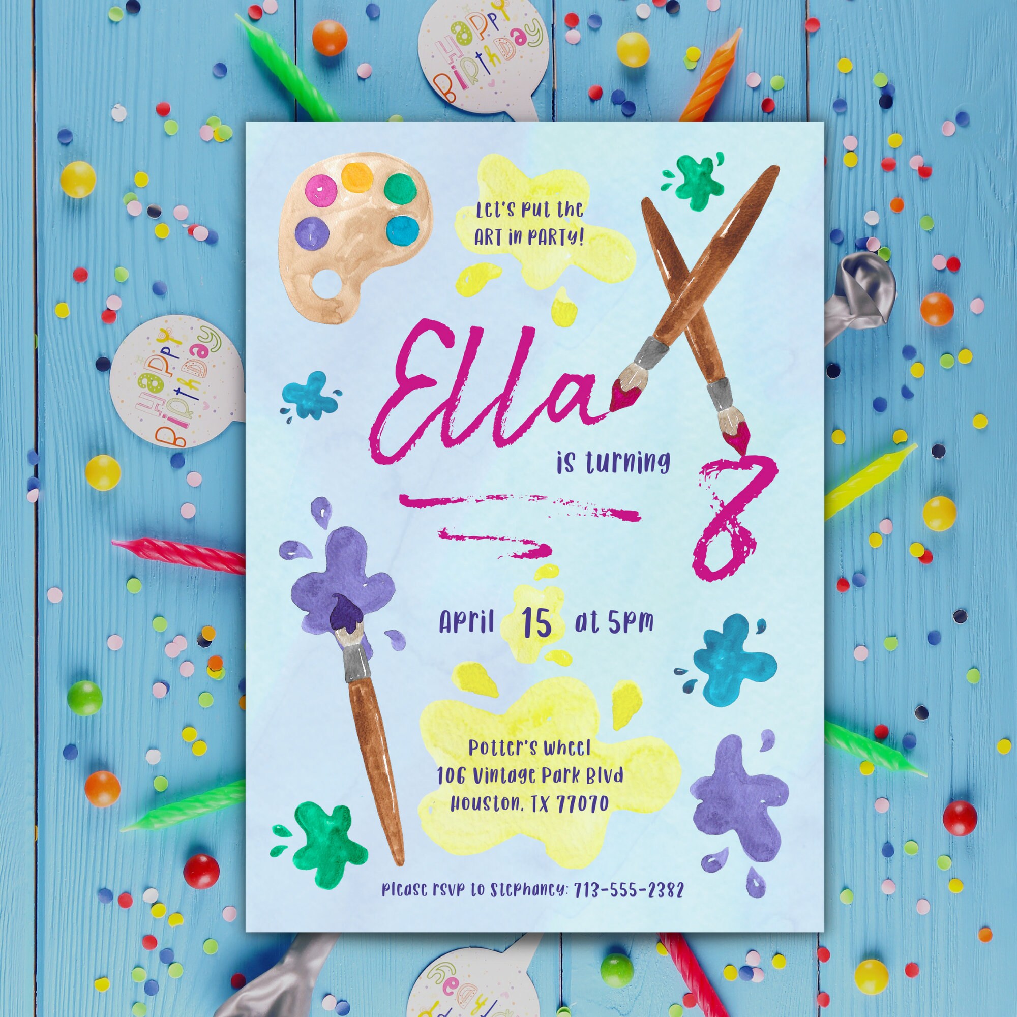 Editable Painting Party Invitation Art Birthday Girl Invite Craft Party