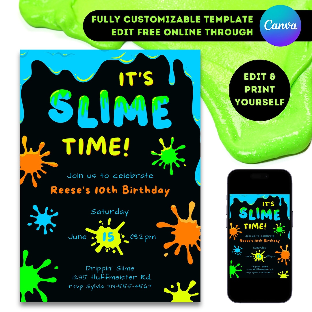 Editable Slime Birthday Party Invitation Template Printable Slime Party ...