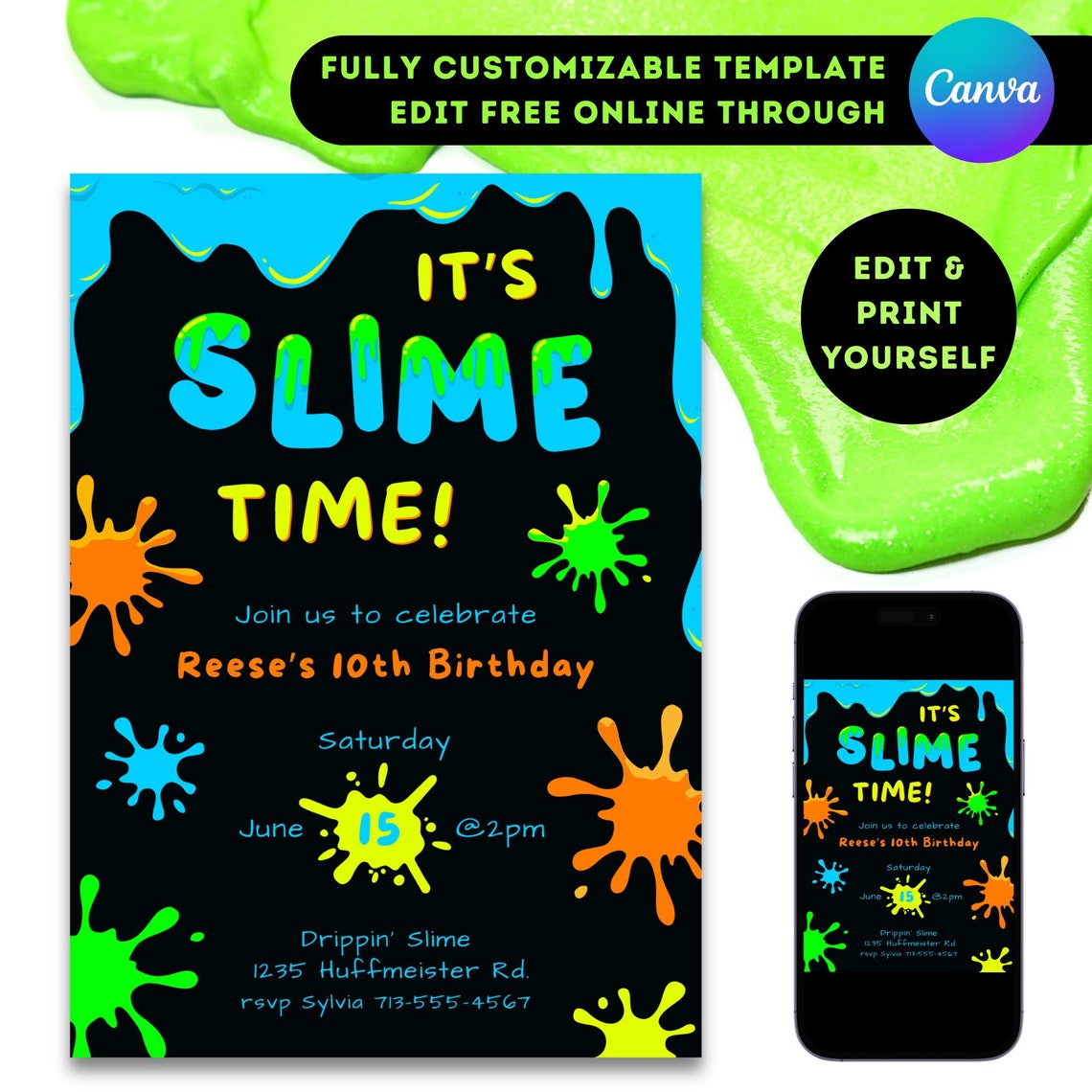 Editable Slime Birthday Party Invitation Template Printable Slime Party ...