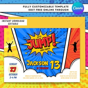 Pu&ograve; includere: Un invito colorato per una festa di compleanno di 13 anni con un tema a fumetti. L'invito presenta uno sfondo in stile fumetto rosso, giallo e blu con le parole "Let's Jump! And Party" in un fumetto rosso. Il testo "Jackson 13 is turning" &egrave; in un fumetto giallo. L'invito include anche la data, l'ora e il luogo della festa.