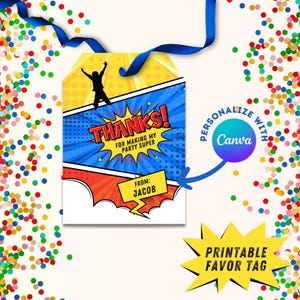 Sprung favor tags Comic Themen Trampolene Park Hüpfen Haus Geburtstag Leckerli Taschenanhänger Geschenkanhänger Danke Superheld Jump Party Printable editierbar