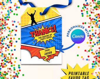 Jump favor tags comic themed Trampolene park Bounce house birthday treat bag tag gift tag Thank you Superhero Jump party Printable editable