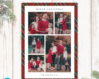 Red Plaid Christmas Photo Card Canva Template, Printable Classic Holiday Card with space for multiple family pictures,