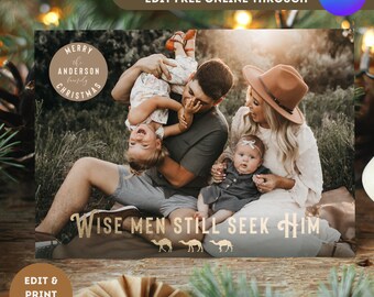 Religious Christmas Photo Card Template Gold foil christmas card template printable Holiday photo card Canva template instant download