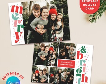 Merry and Bright Christmas Photo Card Template Editable Holiday family card custom printable Christmas card double sided with photo collage