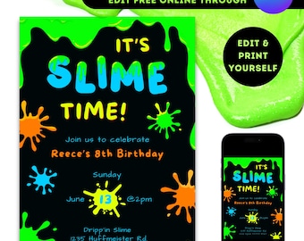Editable Slime Birthday Party Invitation: Neon Slime Time (Digital Download)