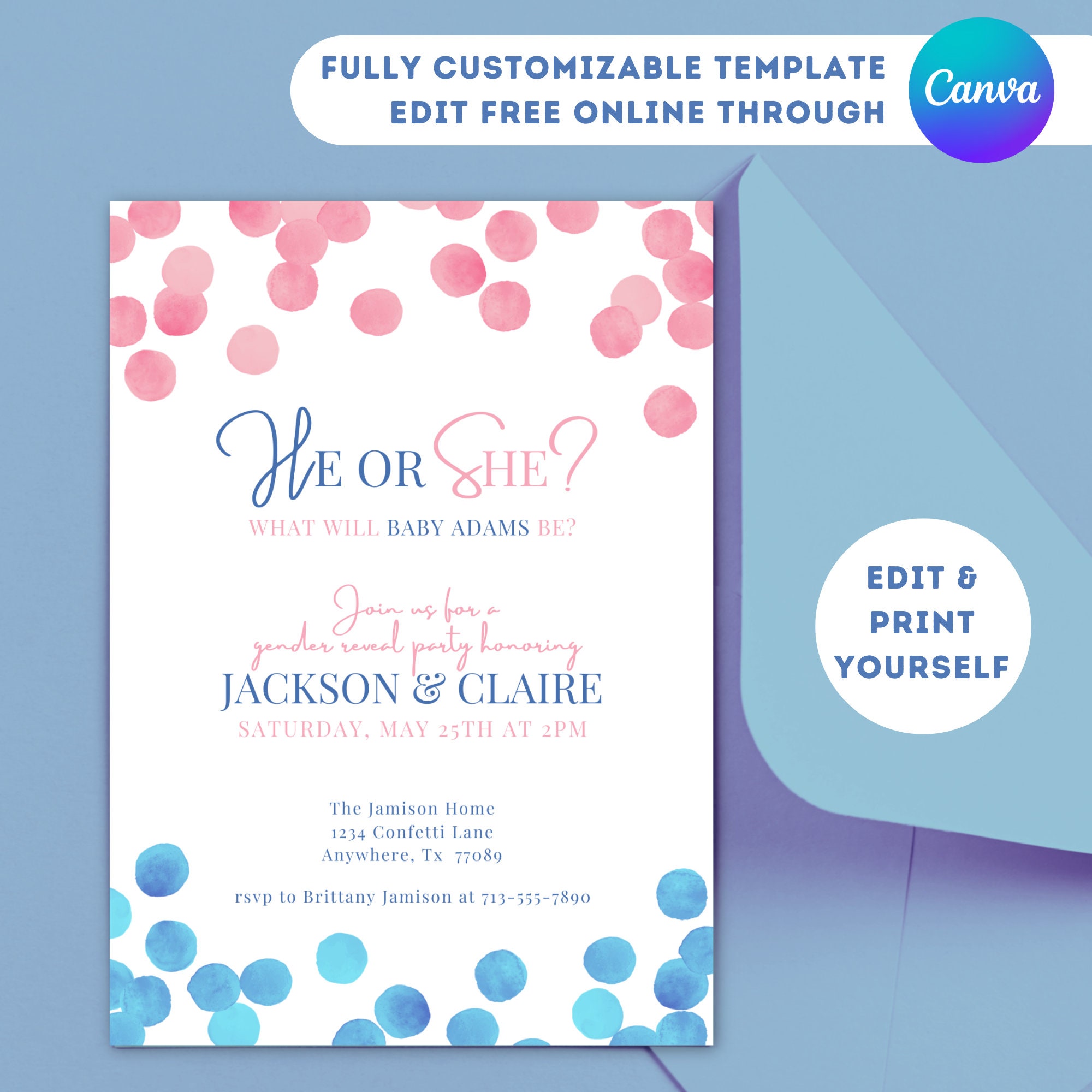 Printable Gender Reveal Invitation Template Baby He or She Boy or Girl ...