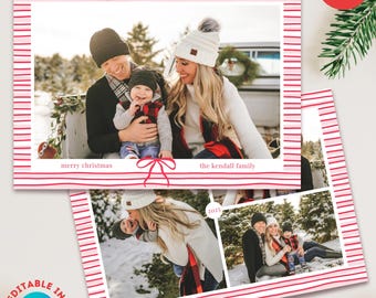Pink & Red Stripe Holiday Card Editable Template, Printable Two-sided Preppy Red Bow Family Photo Christmas Card, Digital Download
