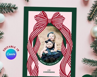 Coquette Bow Christmas Photo Card Modern Family Photo Holiday Card with back options for multiple photos Editable Canva Template Printable