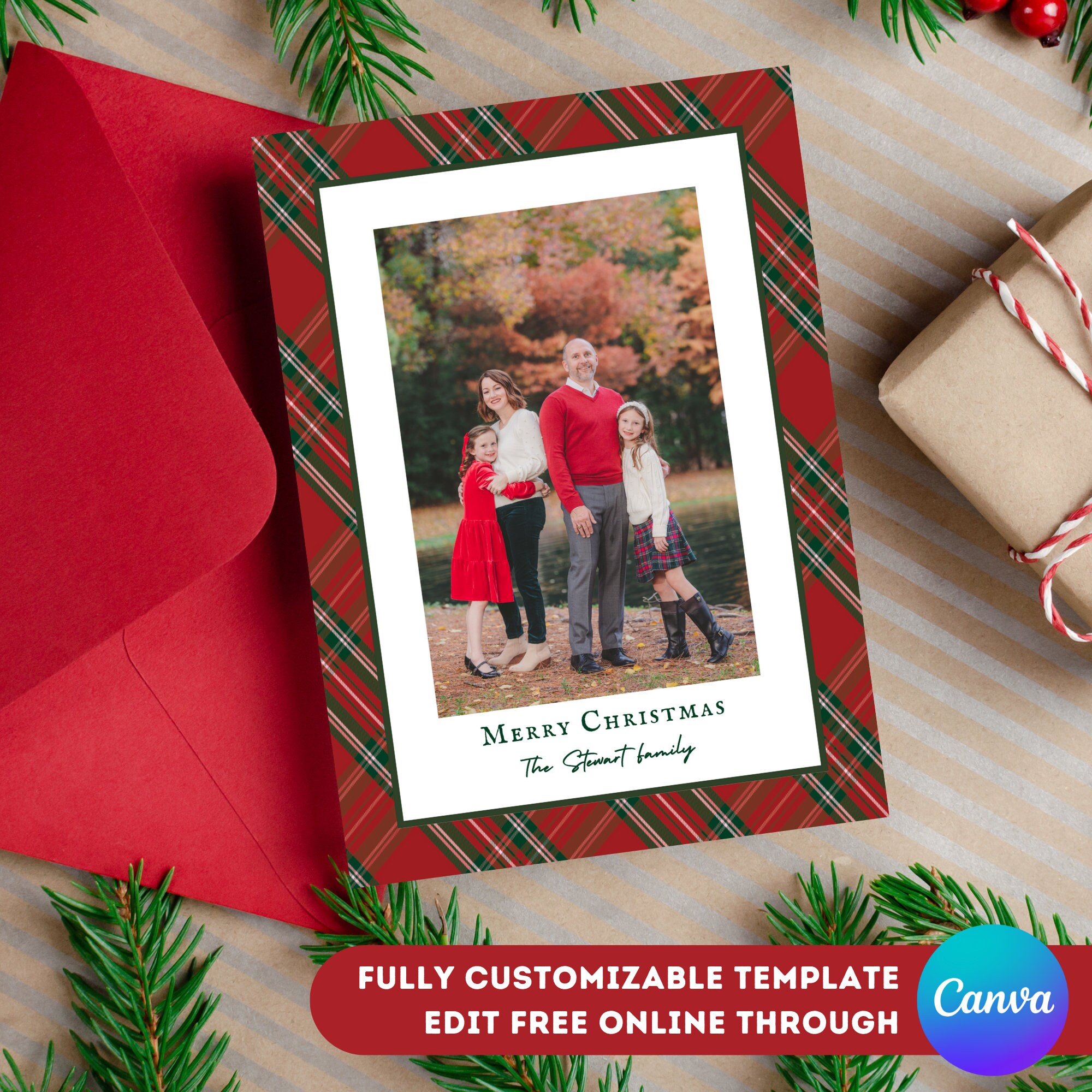 Editable Plaid Christmas Photo Card Template Printable Holiday Card ...