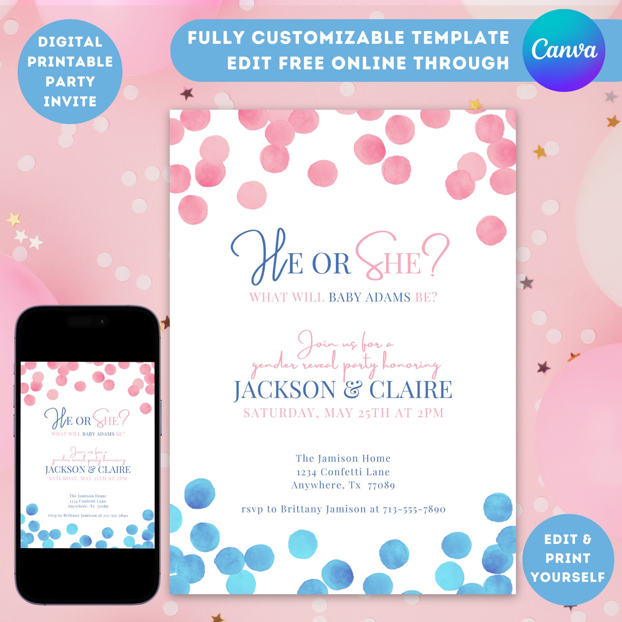 Printable Gender Reveal Invitation Template Baby He or She Boy or Girl ...