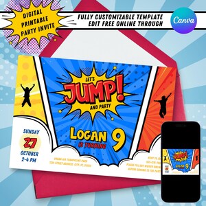 Pu&ograve; includere: Un invito di compleanno colorato con un tema a fumetti. L'invito presenta uno sfondo rosso e giallo con un pannello a fumetti blu e bianco al centro. Il testo "Let's Jump! And Party" &egrave; in un font a fumetti rosso. L'invito include anche il nome "Logan" e il numero "9" in un font grande e in grassetto. L'invito &egrave; per una festa di compleanno in un parco di trampolini aerei urbano.
