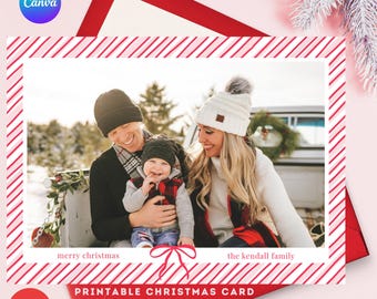 Pink & Red Stripe Holiday Card Editable Template, Printable Two-sided Preppy Red Bow Family Photo Christmas Card, Digital Download