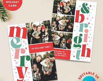 Merry and Bright Christmas Photo Card Template Editable Holiday family card custom printable Christmas card double sided with photo collage