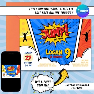 Pu&ograve; includere: Un invito di compleanno colorato con un tema a fumetti. L'invito presenta uno sfondo rosso, giallo e blu con un'immagine di un personaggio dei cartoni animati che salta. Il testo "Let's Jump! And Party" &egrave; in un grande carattere in grassetto. L'invito include anche il nome "Logan" e il numero "9" in un grande carattere in grassetto. Il testo "Domenica, 27 ottobre, 14:00-16:00" &egrave; in un carattere pi&ugrave; piccolo. L'invito include anche l'indirizzo dell'evento e le informazioni RSVP.