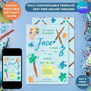 Puede incluir: Una invitación imprimible azul y blanca para una fiesta de arte. La invitación presenta un diseño de acuarela con pinceles, salpicaduras de pintura y una paleta de pintura. El texto de la invitación dice "Let's put the art in party!" y "Face cumple 8 años".