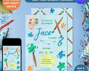 Editable painting party invitation art birthday boy invite craft party pottery painting party printable template kids colorful paint party