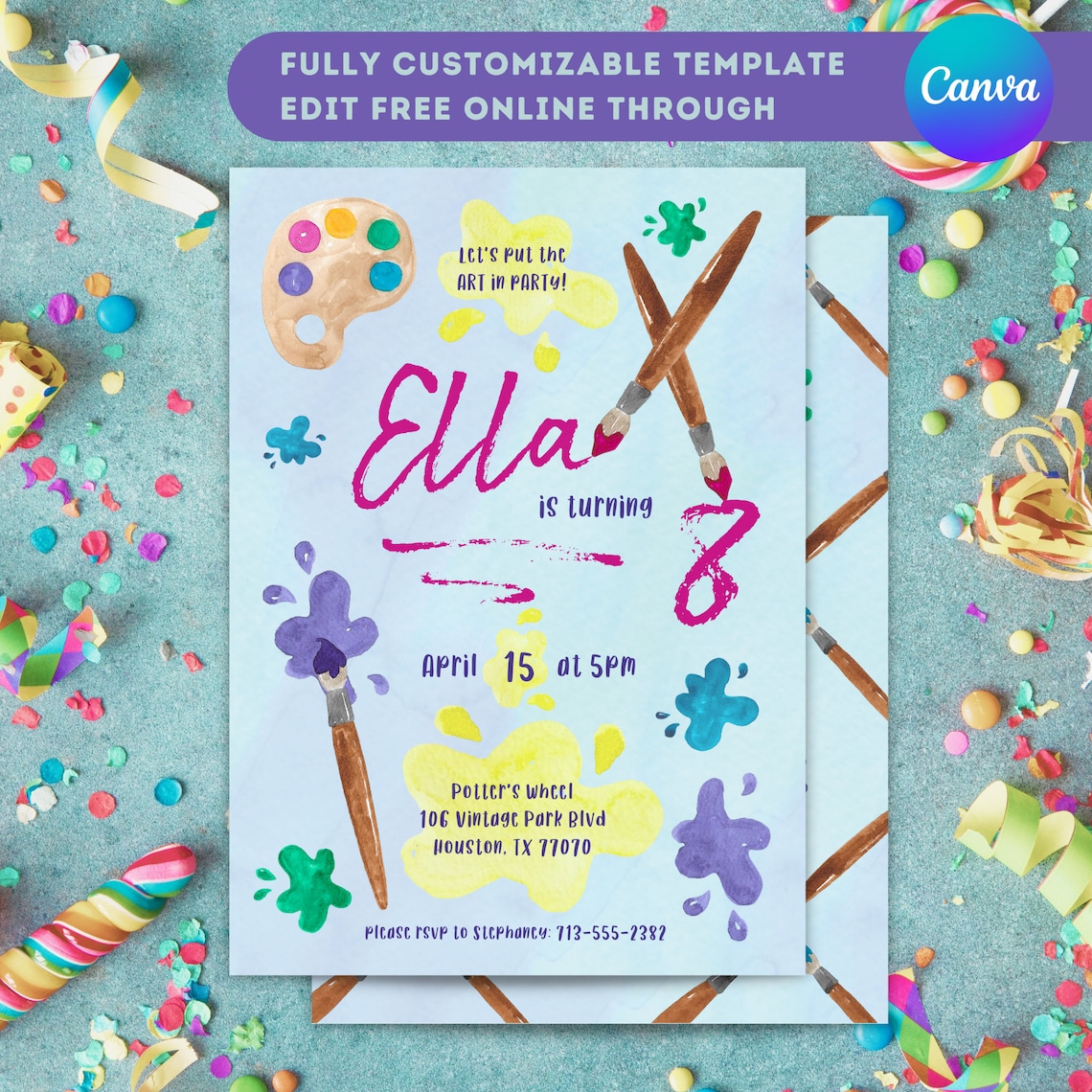 Editable Painting Party Invitation Art Birthday Girl Invite Craft Party ...