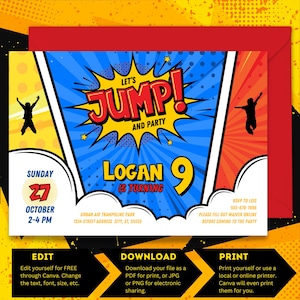 Pu&ograve; includere: Un invito di compleanno colorato con un tema a fumetti. L'invito presenta uno sfondo blu e rosso con un fumetto bianco che dice "Let's Jump! And Party". L'invito include anche il testo "Logan compie 9 anni" e una data e un'ora per la festa. L'invito &egrave; per una festa in un parco di trampolini aerei urbano.