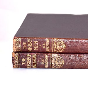 Two Book Stack. Stevenson (1920s) Illustrated small leather antiquarian books. Decorated Spine. Instant library.