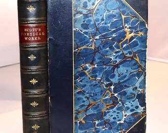 Scott&#39;s Poetical Works (1887) Decorative Spine. Illustrated Antique Blue Book. Quarter Leather. Victorian. Gilt Sprayed Edges.