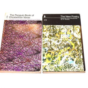 May include: Two Penguin paperback books, one titled "The Penguin Book of Elizabethan Verse" with a purple and black abstract design on the cover, and the other titled "The New Poetry" with a yellow, green, and blue abstract design on the cover.