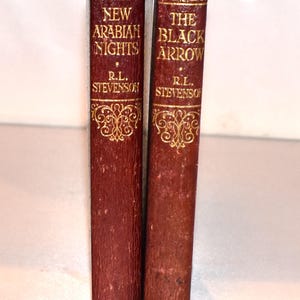Two Book Stack. Stevenson (1920s) Illustrated small leather antiquarian books. Decorated Spine. Instant library.