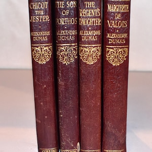 Four Book Stack. Dumas. (1920s) Illustrated small leather antiquarian books. Decorated Spine. Instant library.