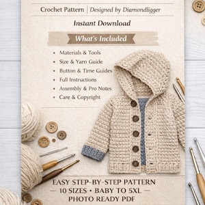 May include: A crochet pattern for an open button cardigan. The pattern includes materials, size and yarn guide, button and time guides, full instructions, assembly and pro notes, and care and copyright. The pattern is available in 10 sizes, from baby to 5XL.
