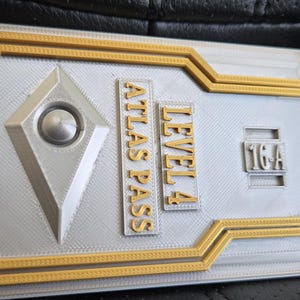 May include: A silver and gold metal key card with the text "LEVEL 4 ATLAS PASS" and "1G4" printed on it.