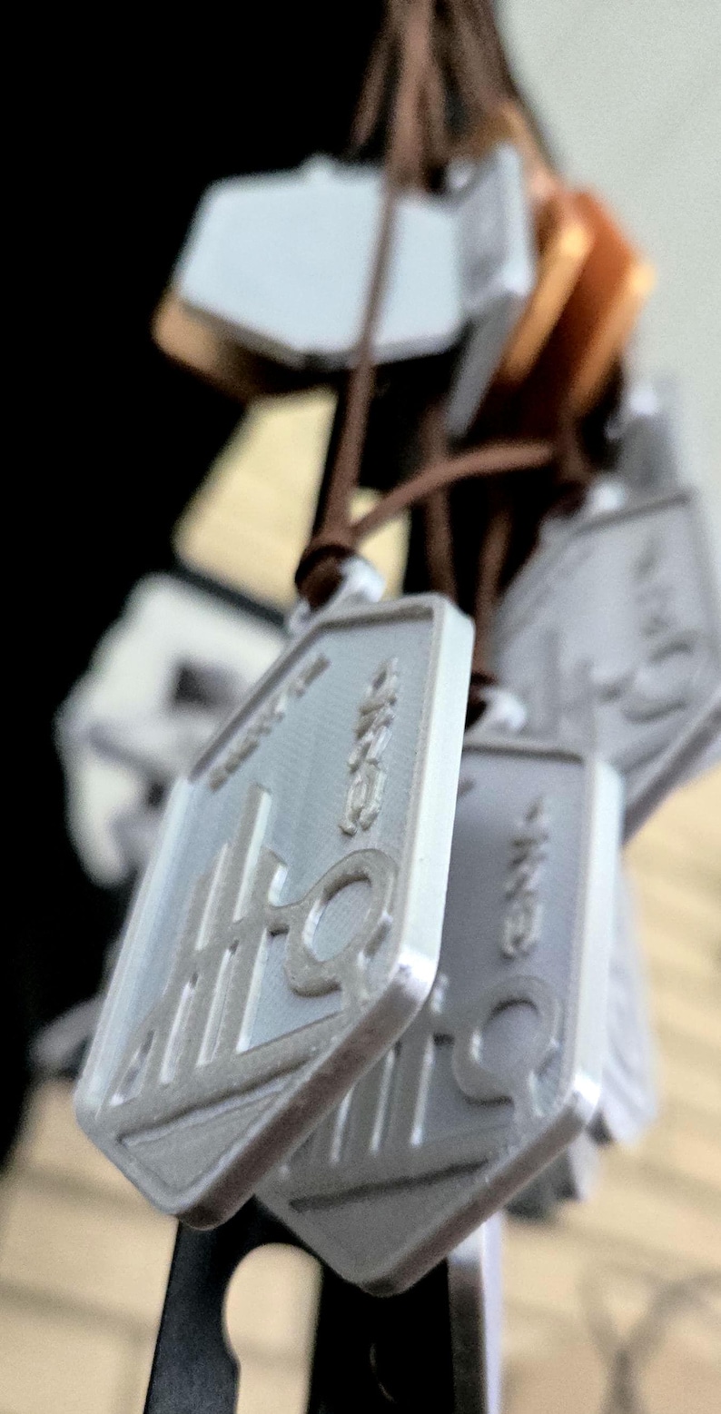 Puede incluir: Un conjunto de colgantes rectangulares plateados con caracteres japoneses y un logotipo, ensartados en cordones marrones. Los colgantes est&aacute;n enfocados, con otros ligeramente borrosos. El fondo es oscuro.
