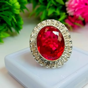 Certified 46 Ct Natural Flawless Ruby Oval Cut Gemstone Luxurious Ring 925 Sterling Silver Designer Ring for Her Christmas Sale Live KD149