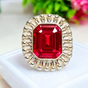 Anello di lusso in argento sterling 925 con rubino naturale certificato, taglio smeraldo, purezza impeccabile, 36 carati. Anello di design per lei, in offerta per Natale KD134