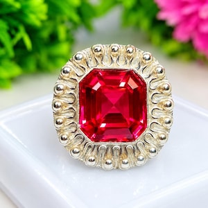 Certified 34 Ct Natural Flawless Ruby Square Cut Gemstone Luxurious Ring 925 Sterling Silver Designer Ring for Her Christmas Sale Live KD148