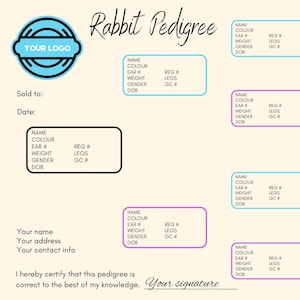 Pedigree personalizzabile del coniglio, forniture per conigli, solo digitale