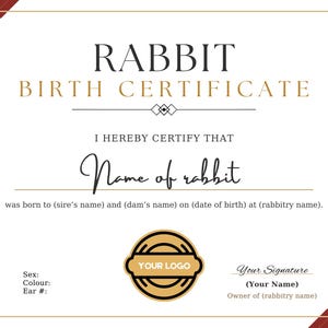 Certificato di nascita del coniglio personalizzabile, forniture per conigli, solo digitale, scaricabile