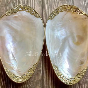 Mother of Pearl Shell Serving Dish, Bronze edged, Jewelry Decor, Copper Coasted plate, Beach Wedding, Home Decor. TARIFFS, DUTIES INCLUDED