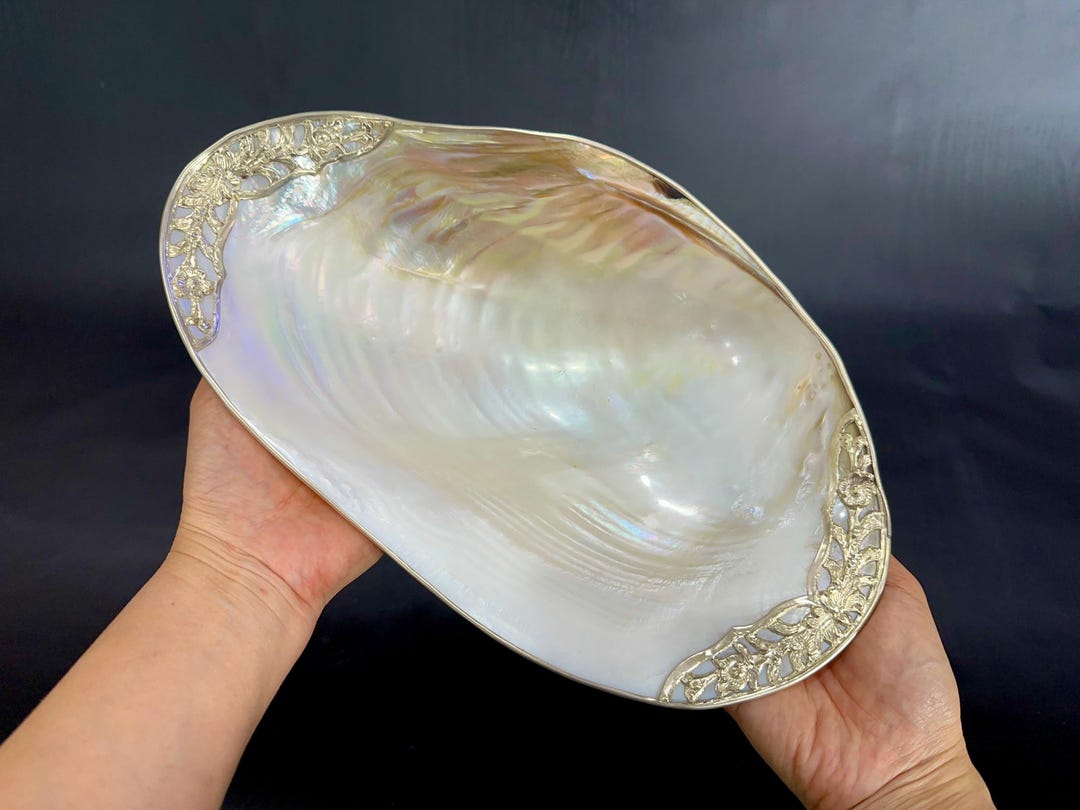 Mother of Pearl Shell Serving Dish: Silver Floral Trim, Coastal