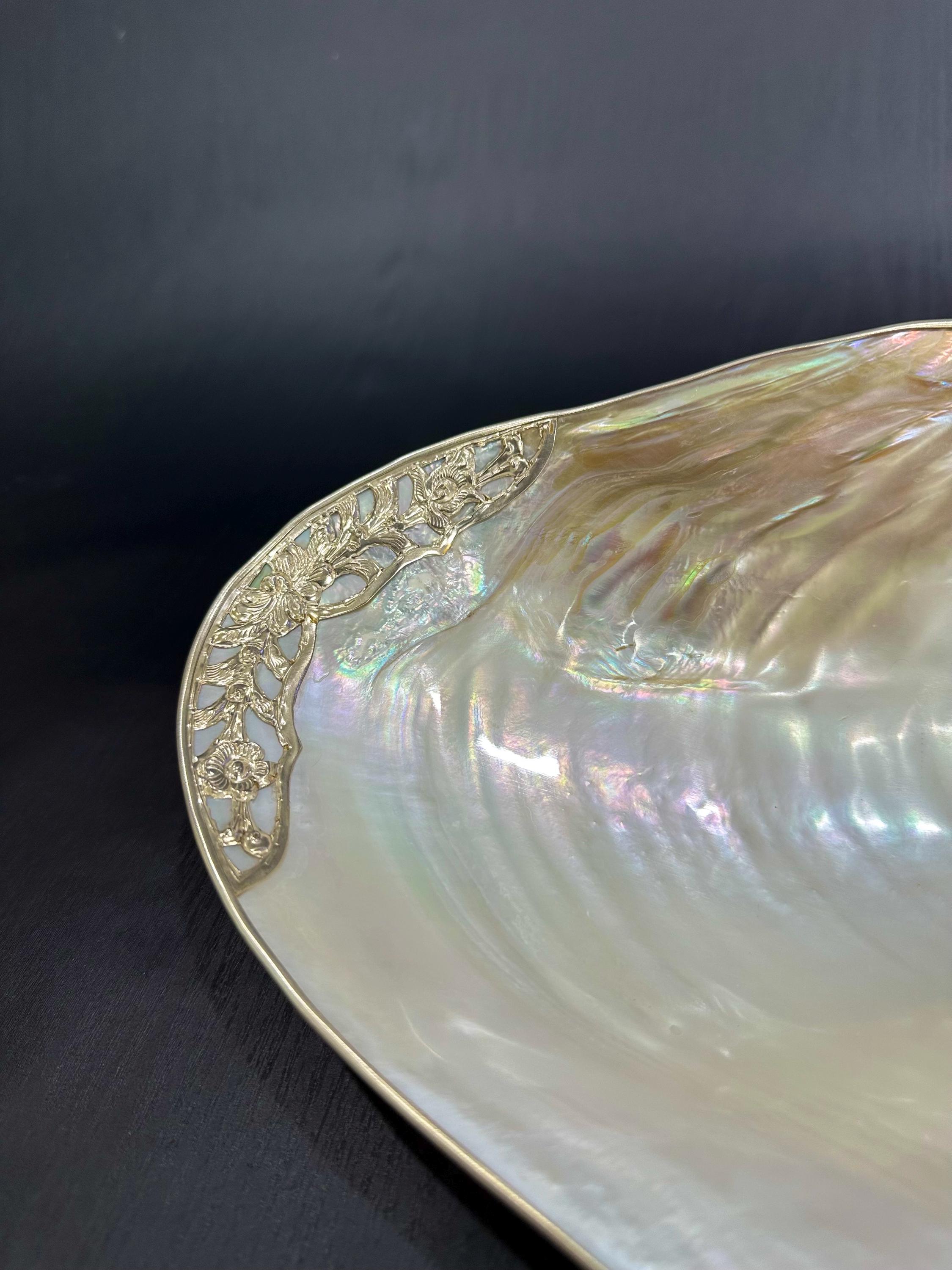 Mother of Pearl Shell Serving Dish: Silver Floral Trim, Coastal