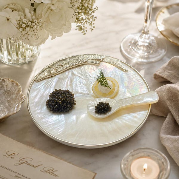 Juego para servir caviar, plato de concha de nácar, decoración de comedor costera, vajilla inspirada en el océano, regalo para casa de playa, plato de postre de concha marina