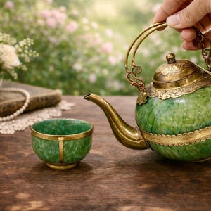 May include: A green and gold teapot and teacup set. The teapot has a rounded shape with a brass handle and spout. The teacup is round with a gold rim. The set is on a wooden surface.