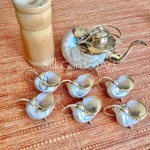 Set of Copper-Coasted Conch Shell Teapot & cups, Bronze edged, Vintage Home Decor, Beach Wedding, Antique Style. TARIFFS, DUTIES INCLUDED