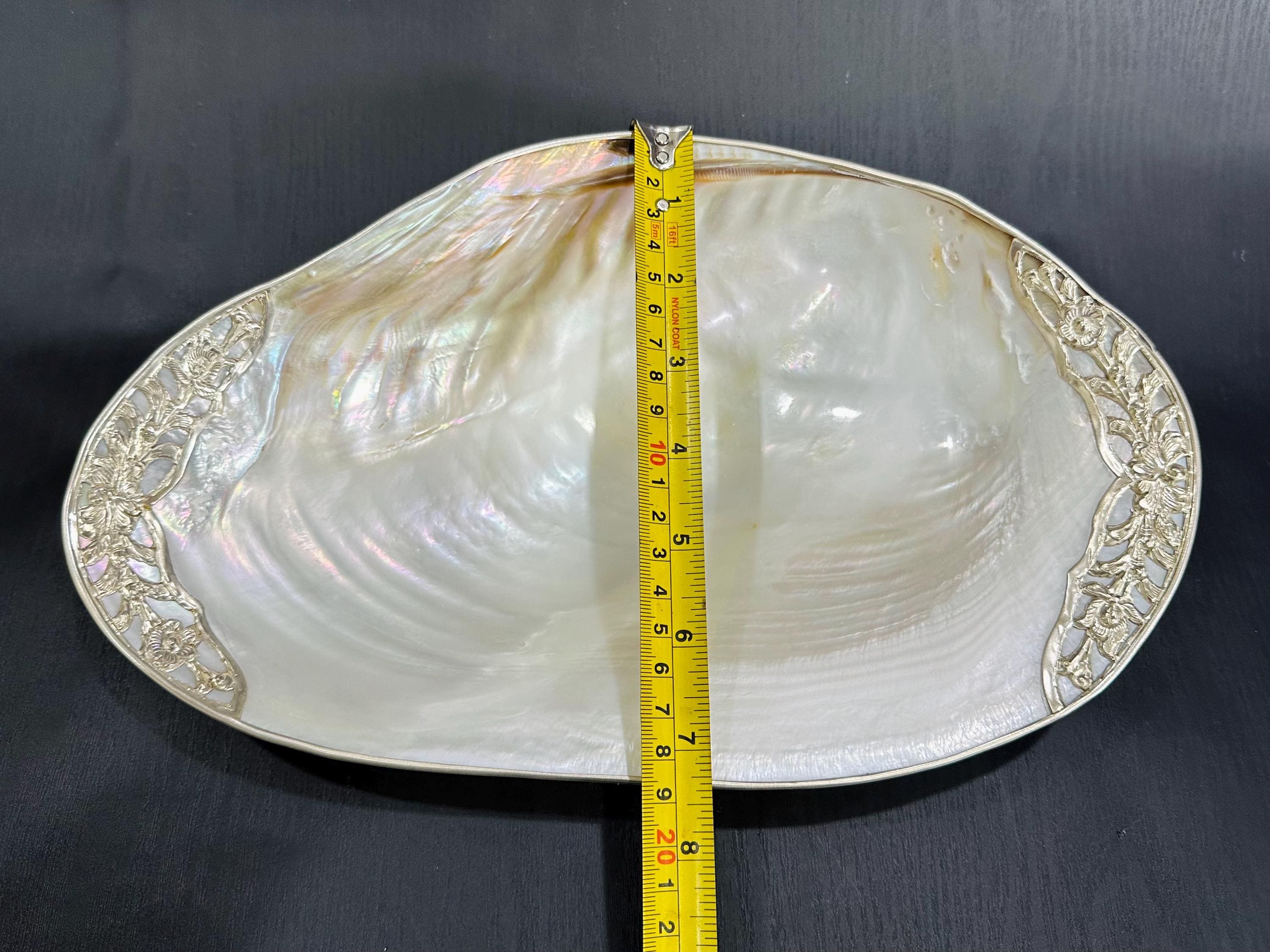 Mother of Pearl Shell Serving Dish: Silver Floral Trim, Coastal