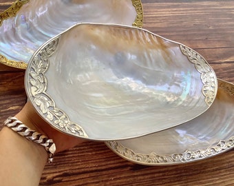 Mother of Pearl Shell Dish, Silver/Copper edged, high quality, Jewelry Decor, Silver/Copper Coasted plate