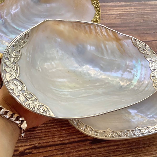 Mother of Pearl Shell Dish, Silver/Copper edged, high quality, Jewelry Decor, Silver/Copper Coasted plate