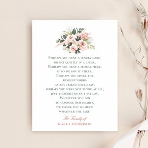 Sympathy Acknowledgement Cards, Personalized Funeral Thank You Cards with Poem, Pink Flowers, Bereavement Notes with White Envelopes